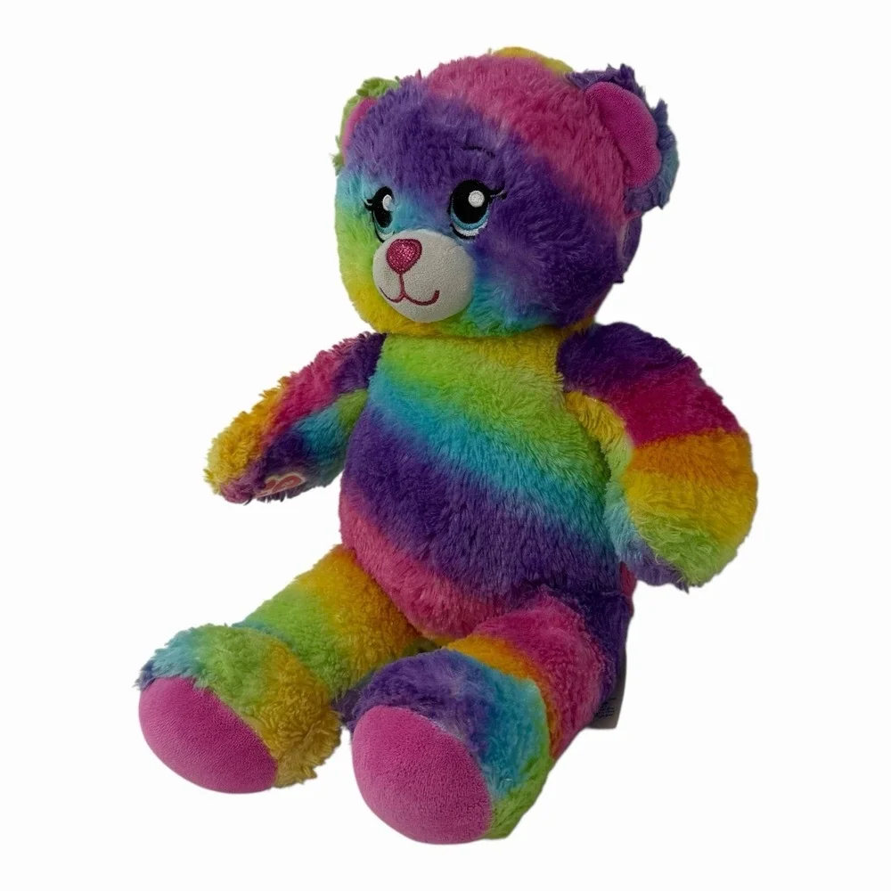 Build-A-Bear Workshop Rainbow Striped Teddy Bear Plush Blue Eyes Pink Nose